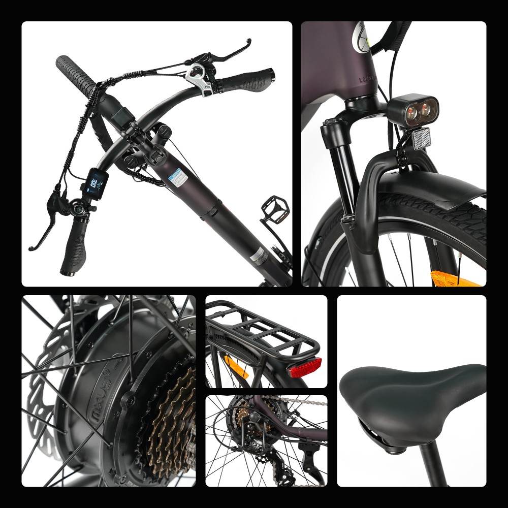 TTGO C3 SE Electric Bike, 250W Motor, 36V 18Ah Battery, 28 inch Tires, 25km/h Max Speed, 120km Max Range, Mechanical Disc Brakes, Front Suspension Fork, Shimano 7-speed - Purple