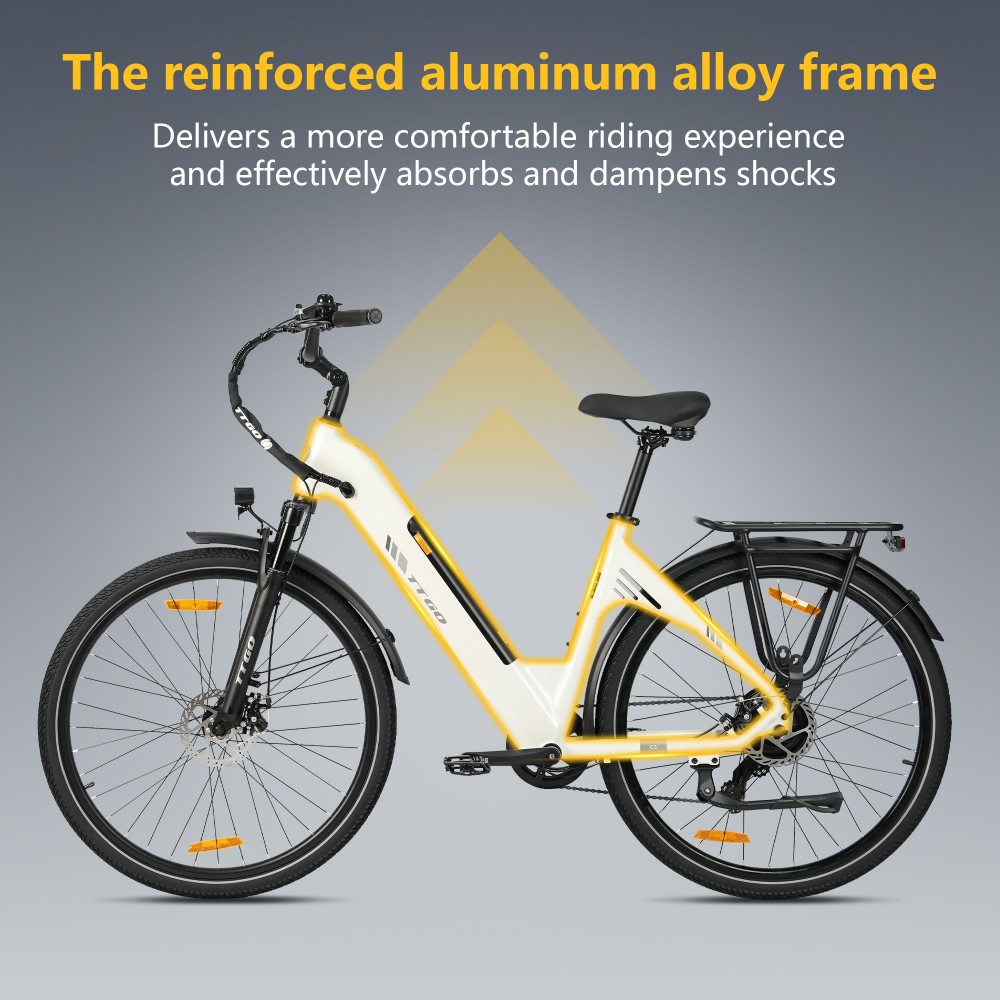 TTGO C3 SE Electric Bike, 250W Motor, 36V 18Ah Battery, 28 inch Tires, 25km/h Max Speed, 120km Max Range, Mechanical Disc Brakes, Front Suspension Fork, Shimano 7-speed - White
