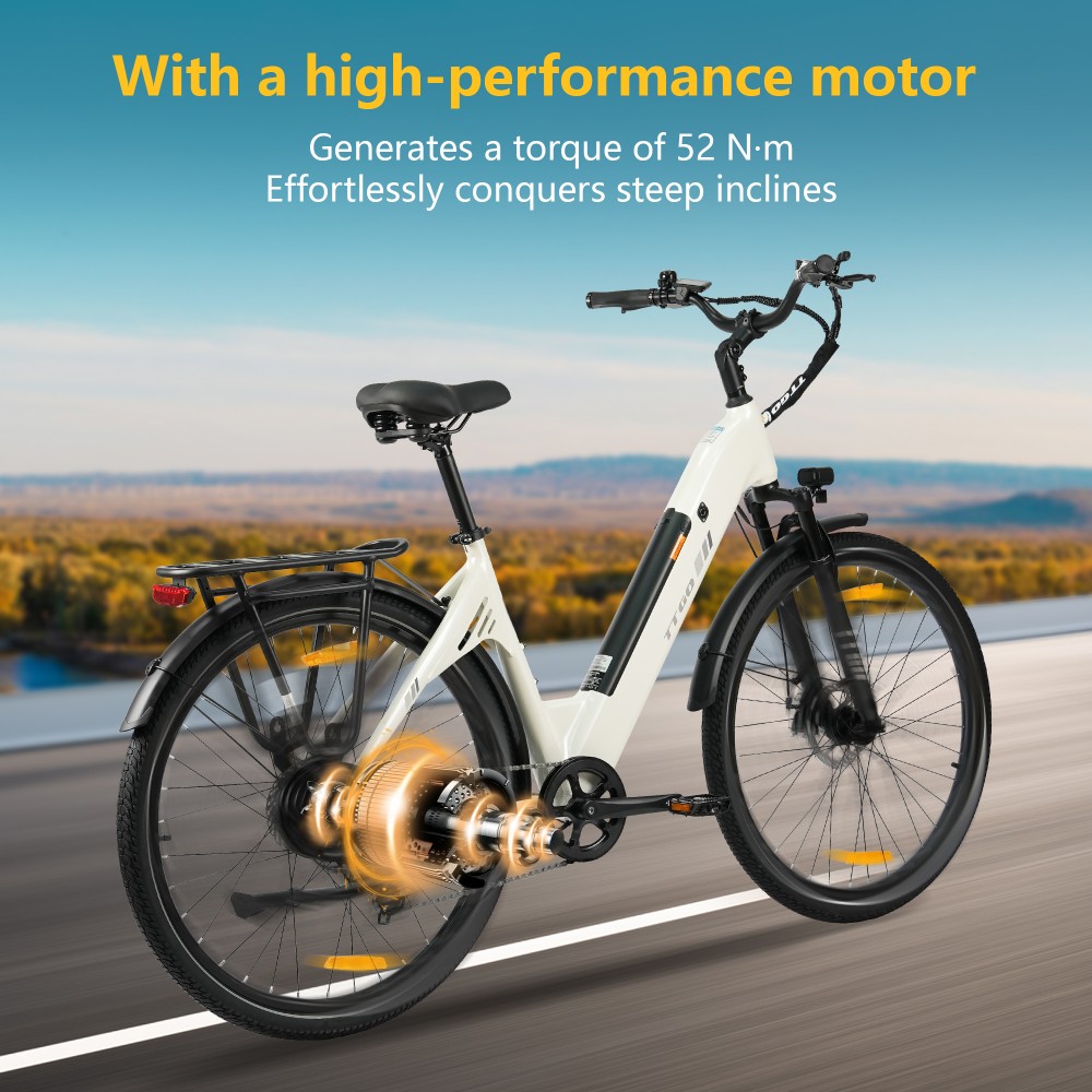 TTGO C3 SE Electric Bike, 250W Motor, 36V 18Ah Battery, 28 inch Tires, 25km/h Max Speed, 120km Max Range, Mechanical Disc Brakes, Front Suspension Fork, Shimano 7-speed - White