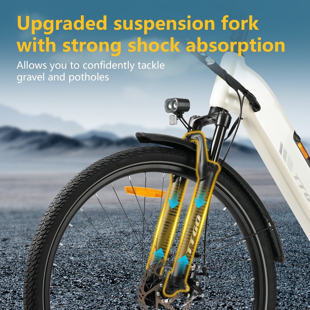 TTGO C3 SE Electric Bike, 250W Motor, 36V 18Ah Battery, 28 inch Tires, 25km/h Max Speed, 120km Max Range, Mechanical Disc Brakes, Front Suspension Fork, Shimano 7-speed - White