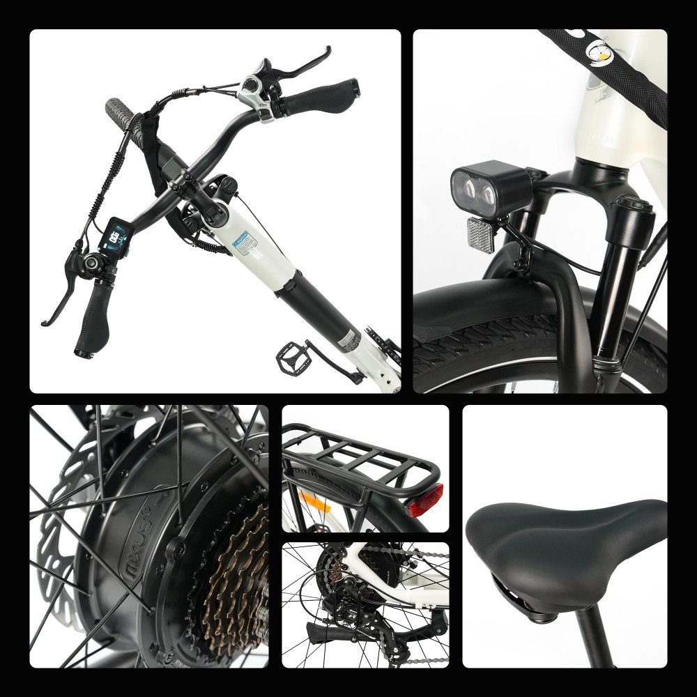 TTGO C3 SE Electric Bike, 250W Motor, 36V 18Ah Battery, 28 inch Tires, 25km/h Max Speed, 120km Max Range, Mechanical Disc Brakes, Front Suspension Fork, Shimano 7-speed - White