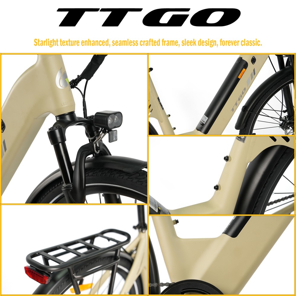 TTGO C3 SE Electric Bike, 250W Motor, 36V 18Ah Battery, 28 inch Tires, 25km/h Max Speed, 120km Max Range, Mechanical Disc Brakes, Front Suspension Fork, Shimano 7-speed - Yellow