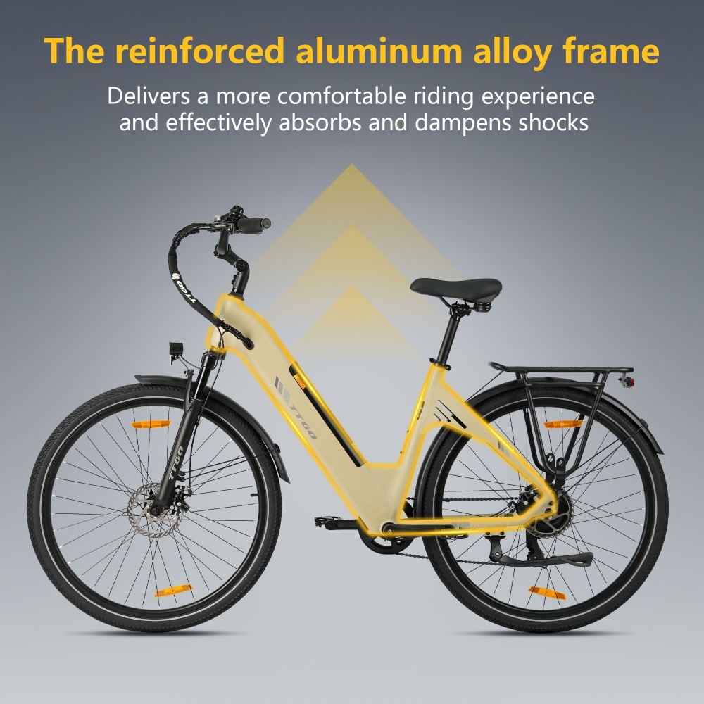 TTGO C3 SE Electric Bike, 250W Motor, 36V 18Ah Battery, 28 inch Tires, 25km/h Max Speed, 120km Max Range, Mechanical Disc Brakes, Front Suspension Fork, Shimano 7-speed - Yellow