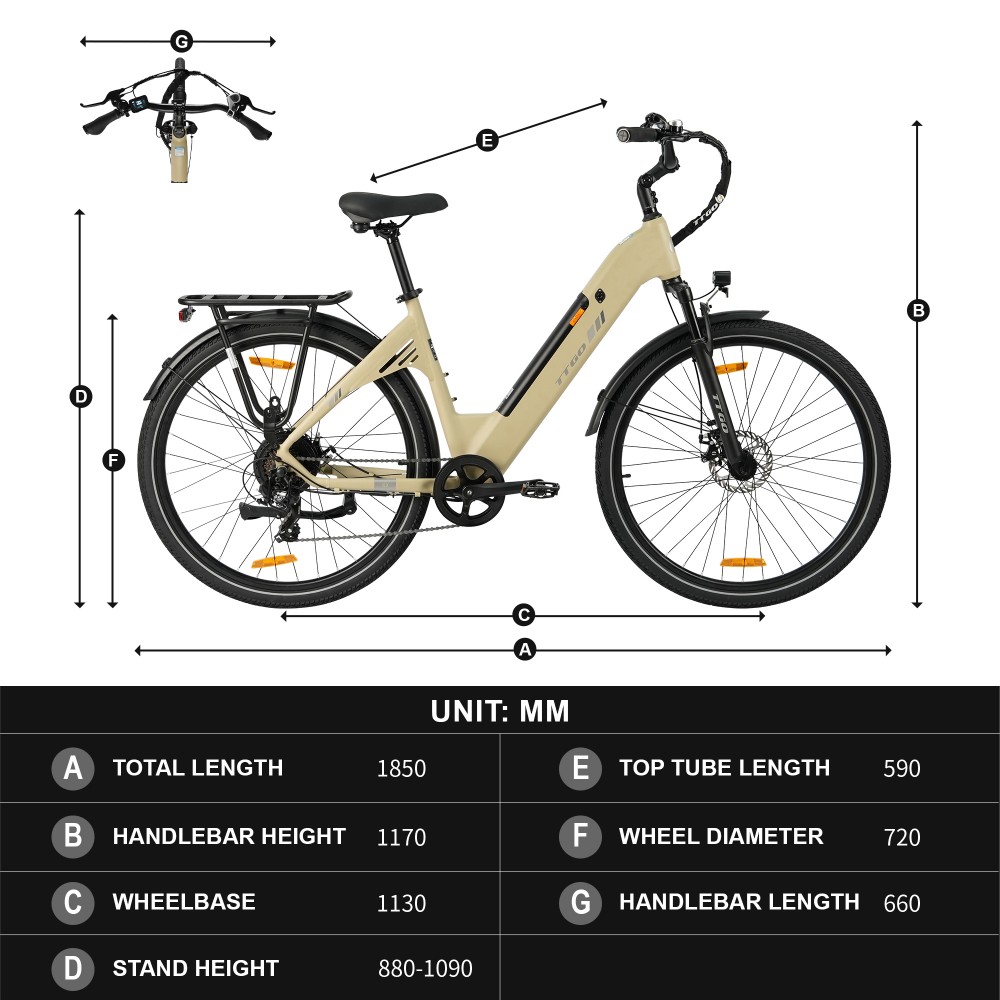 TTGO C3 SE Electric Bike, 250W Motor, 36V 18Ah Battery, 28 inch Tires, 25km/h Max Speed, 120km Max Range, Mechanical Disc Brakes, Front Suspension Fork, Shimano 7-speed - Yellow