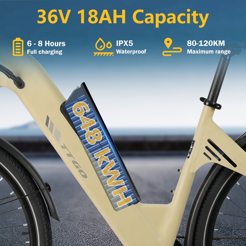 TTGO C3 SE Electric Bike, 250W Motor, 36V 18Ah Battery, 28 inch Tires, 25km/h Max Speed, 120km Max Range, Mechanical Disc Brakes, Front Suspension Fork, Shimano 7-speed - Yellow