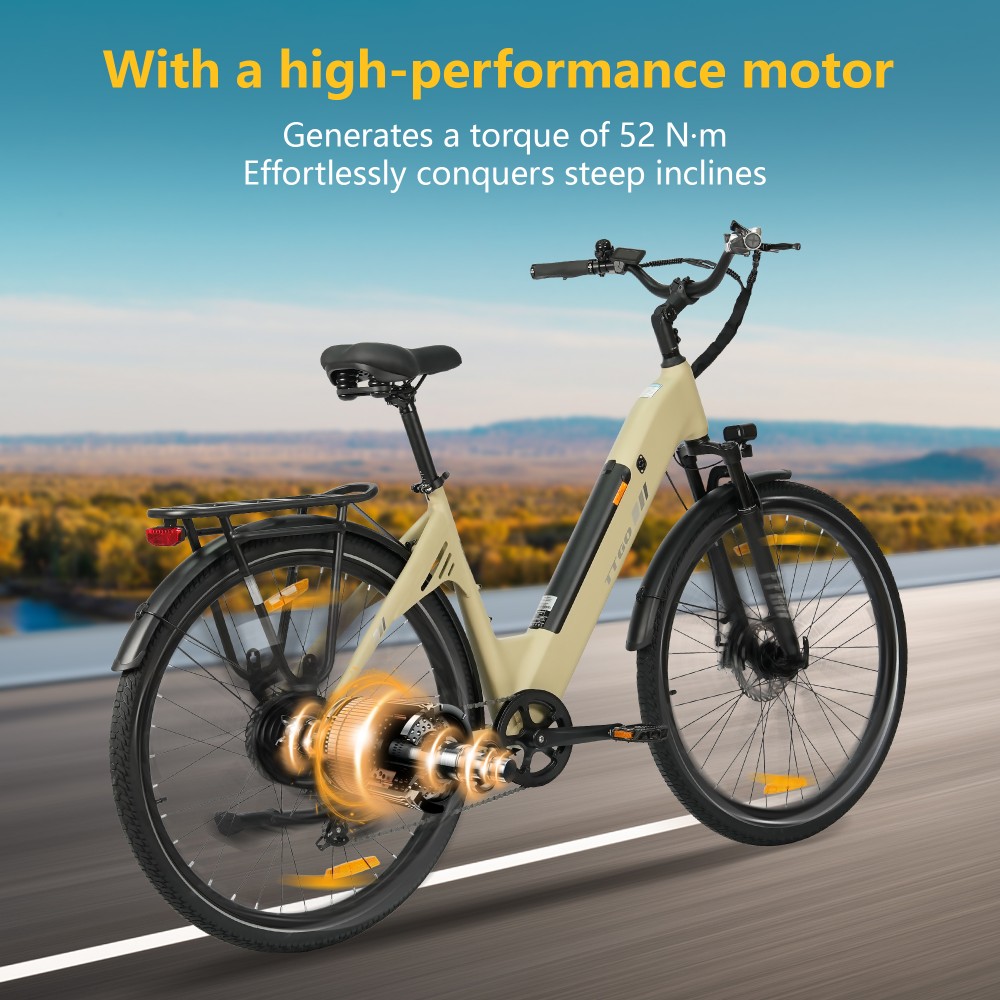 TTGO C3 SE Electric Bike, 250W Motor, 36V 18Ah Battery, 28 inch Tires, 25km/h Max Speed, 120km Max Range, Mechanical Disc Brakes, Front Suspension Fork, Shimano 7-speed - Yellow