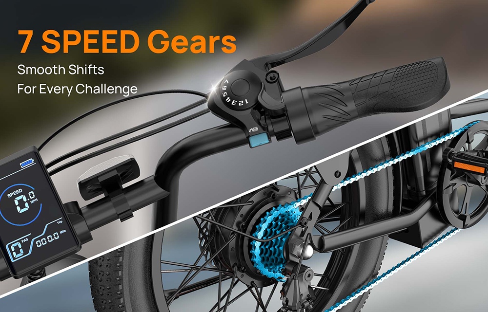 URLIFE E20 Electric Bike, 250W Motor, 48V 13Ah Battery, 20*3 inch Tires, 25km/h Max Speed, 100km Range, Mechanical Disc Brakes, Front Fork Suspension, 7-speed Gear - Black
