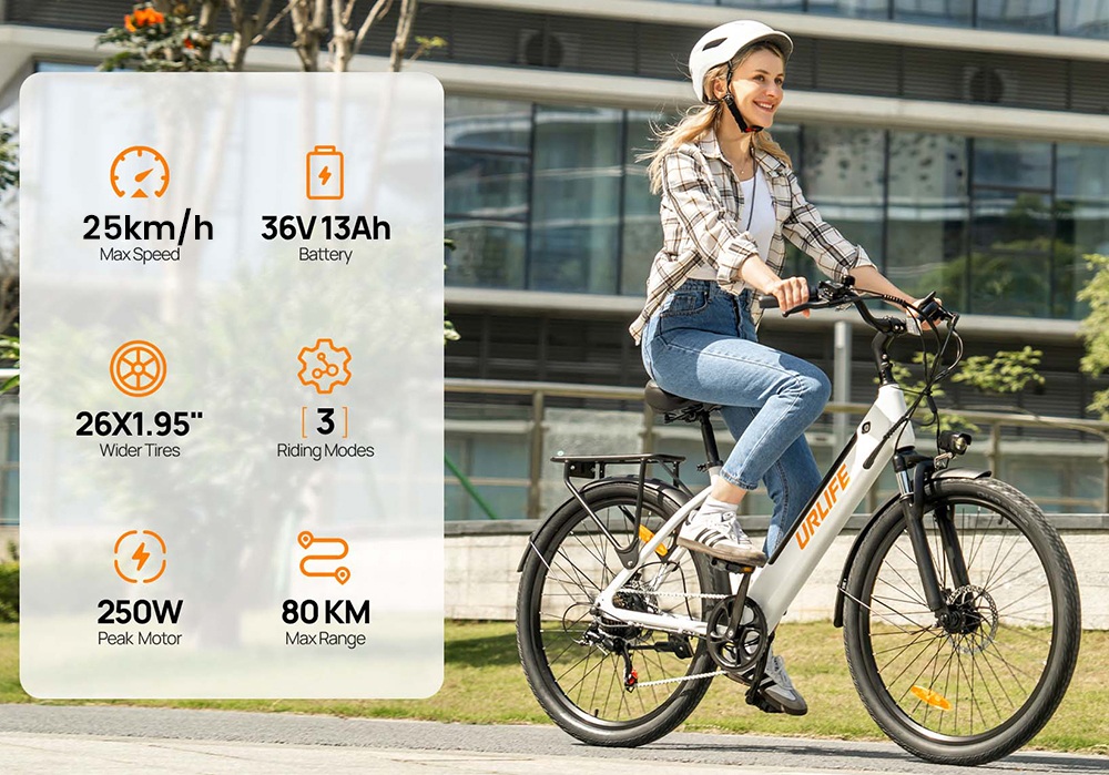 URLIFE E26 Electric Bike, 250W Motor, 36V 13Ah Battery, 26 inch Tires, 25km/h Max Speed, 80km Range, Front & Rear Disc Brakes, Front Fork Suspension, Shimano 7-speed - Black