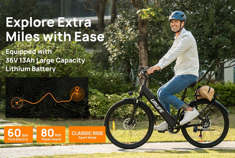 URLIFE E26 Electric Bike, 250W Motor, 36V 13Ah Battery, 26 inch Tires, 25km/h Max Speed, 80km Range, Front & Rear Disc Brakes, Front Fork Suspension, Shimano 7-speed - White