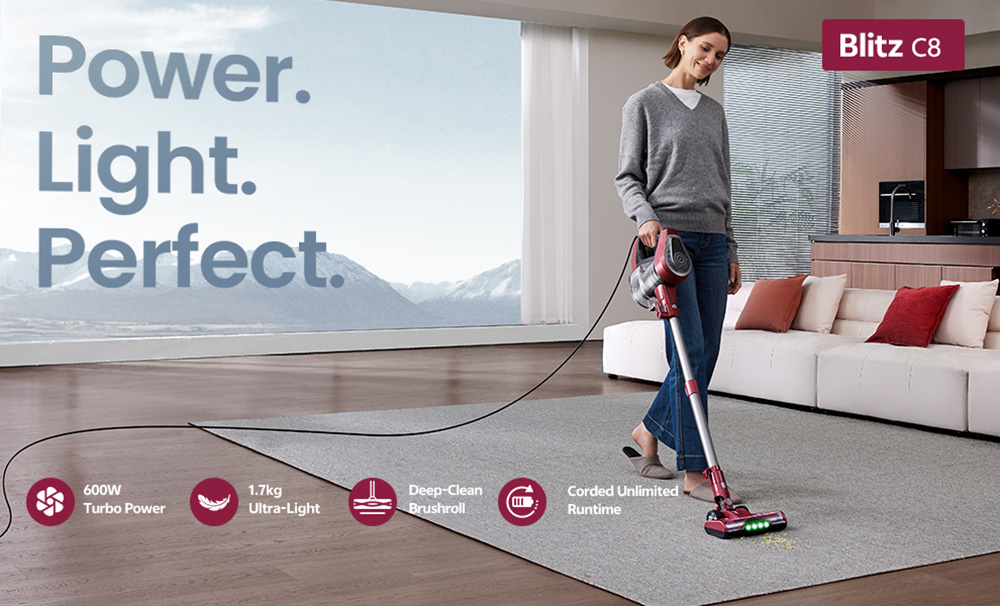 Aspirateur filaire Vactidy Blitz C8, moteur turbo 600 W, aspiration 60 kPa, poids plume de 1,7 kg, bac &agrave; poussi&egrave;re de 1,5 L, brosse en V, phares LED, c&acirc;ble de 7 m