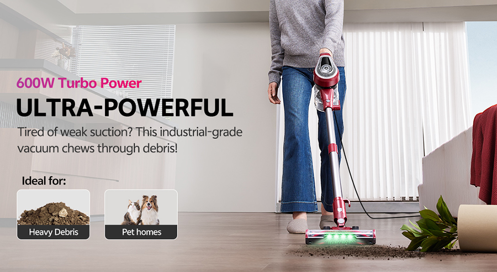 Aspirateur filaire Vactidy Blitz C8, moteur turbo 600 W, aspiration 60 kPa, poids plume de 1,7 kg, bac &agrave; poussi&egrave;re de 1,5 L, brosse en V, phares LED, c&acirc;ble de 7 m