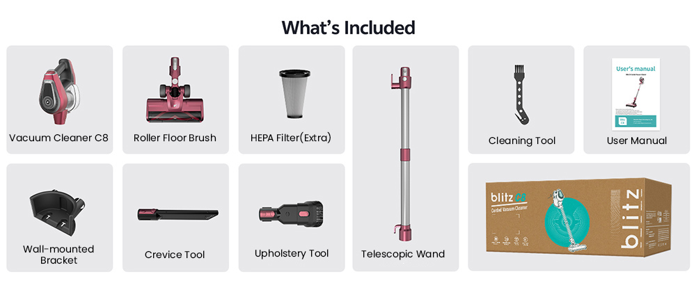 Aspirateur filaire Vactidy Blitz C8, moteur turbo 600 W, aspiration 60 kPa, poids plume de 1,7 kg, bac &agrave; poussi&egrave;re de 1,5 L, brosse en V, phares LED, c&acirc;ble de 7 m