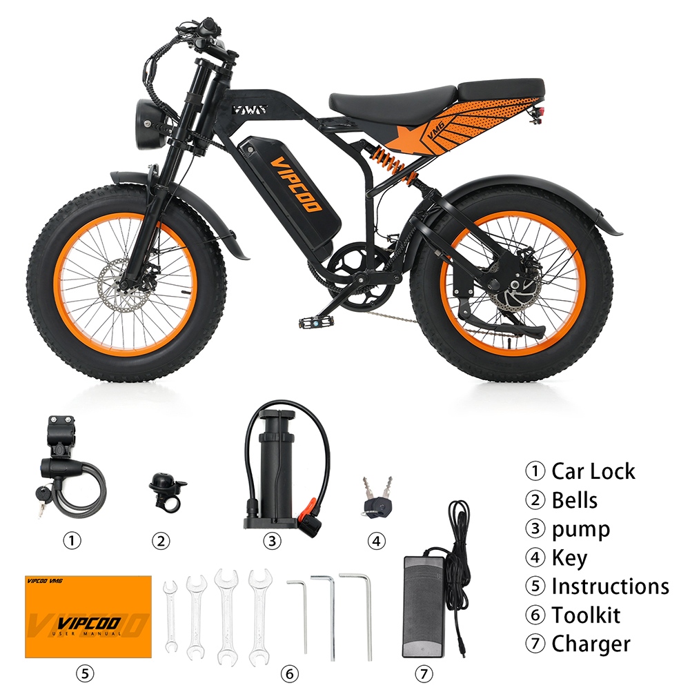 Vipcoo VM6 Electric Bike, 750W Motor, 48V 18.2Ah Battery, 20*4 inch Tires, 40km/h Max Speed, 75km Max Range, Front & Rear Mechanical Disc Brake, Rear Shock Absorber, Shimano 7-speed