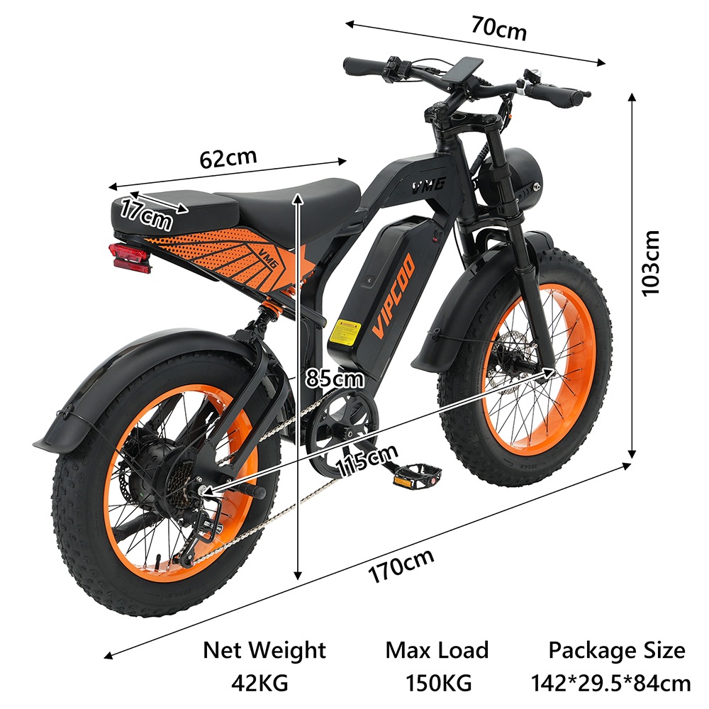 Vipcoo VM6 Electric Bike, 750W Motor, 48V 18.2Ah Battery, 20*4 inch Tires, 40km/h Max Speed, 75km Max Range, Front & Rear Mechanical Disc Brake, Rear Shock Absorber, Shimano 7-speed