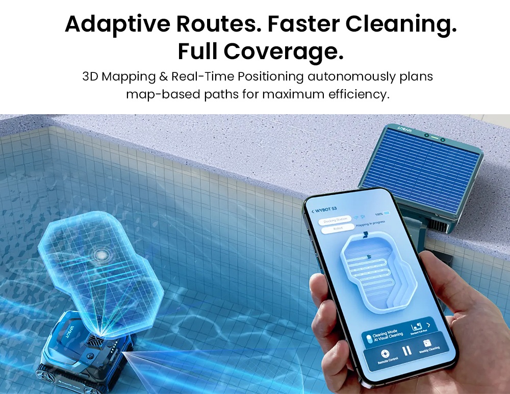 WYBOT S3 Cordless Robotic Pool Cleaner, 3D Mapping & Smart Navigation, 3H Runtime, 10L Debris Bin, Self-Parking & Auto-Cleaning, Solar + DC Dual Power, Multi-Surface Compatible