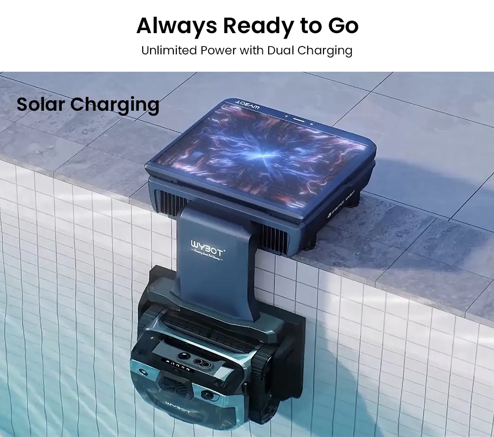 WYBOT S3 Cordless Robotic Pool Cleaner, 3D Mapping & Smart Navigation, 3H Runtime, 10L Debris Bin, Self-Parking & Auto-Cleaning, Solar + DC Dual Power, Multi-Surface Compatible