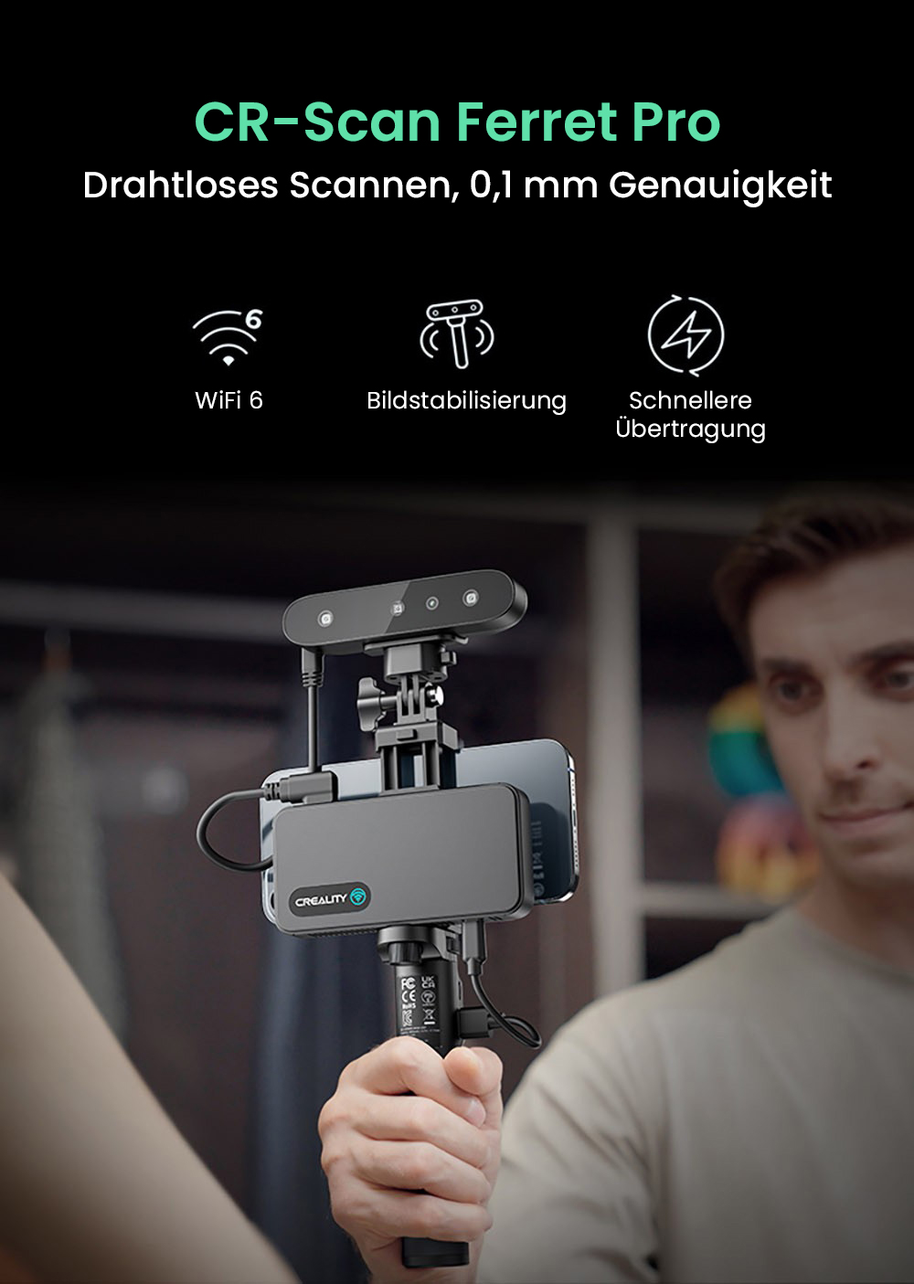 Creality CR-Scan Ferret Pro 3D-Scanner, bis zu 30 fps Scan-Geschwindigkeit, 0,1 mm Genauigkeit, 150&ndash;700 mm Arbeitsabstand, 560 x 820 mm Einzelaufnahmebereich, 150 x 150 mm Mindestscan, kabellose Verbindung