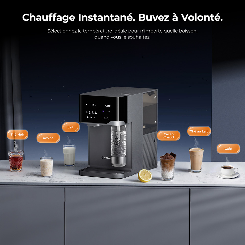 Hydrofast C300 Purificateur d&rsquo;Eau de Comptoir RO, Distributeur d&rsquo;Eau Glac&eacute;e et P&eacute;tillante, Filtration en 6 &Eacute;tapes avec St&eacute;rilisation UV, R&eacute;servoir d&rsquo;Eau Brute de 5 L & R&eacute;servoir d&rsquo;Eau Purifi&eacute;e de 1,5 L, Temp&eacute;rature et Volume R&eacute;glables, Affichage Inte