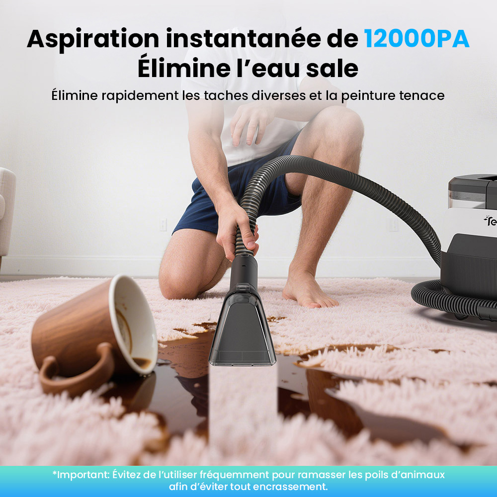 Nettoyeur de tapis et tissus d'ameublement 3 en 1 Teendow C6 MAX, vapeur 1650 W, aspiration 12&nbsp;000 Pa, deux r&eacute;servoirs, adapt&eacute; aux animaux