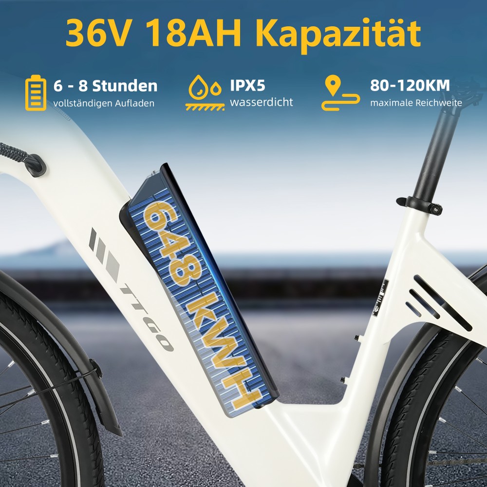 TTGO C3 SE Elektrofahrrad, 250W Motor, 36V 18Ah Batterie, 28 Zoll Reifen, 25 km/h Höchstgeschwindigkeit, 120 km maximale Reichweite, mechanische Bremsen, Vorderradfederung, Shimano 7-Gang - Weiß