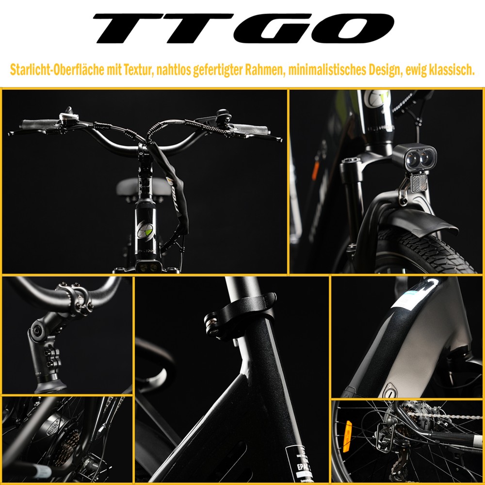 TTGO C3 SE Elektrofahrrad, 250W Motor, 36V 18Ah Batterie, 28 Zoll Reifen, 25 km/h Höchstgeschwindigkeit, 120 km maximale Reichweite, mechanische Bremsen, Vorderradfederung, Shimano 7-Gang - Schwarz