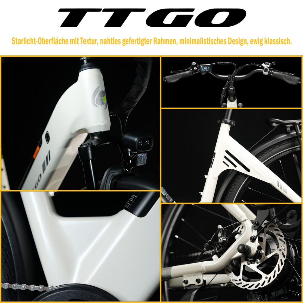 TTGO C3 SE Elektrofahrrad, 250W Motor, 36V 18Ah Batterie, 28 Zoll Reifen, 25 km/h Höchstgeschwindigkeit, 120 km maximale Reichweite, mechanische Bremsen, Vorderradfederung, Shimano 7-Gang - Weiß