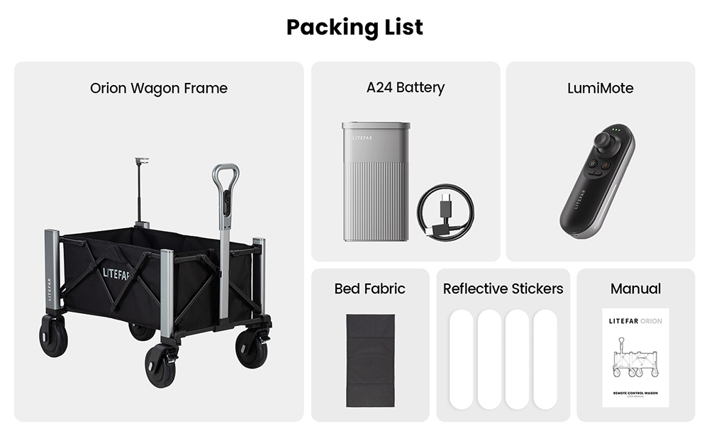 LITEFAR Orion Remote-Controlled Electric Wagon, 500W Quiet Hub Motor, 140L Cargo Capacity, 7.5” Solid Rubber All-Terrain Wheels with Brakes, 24,000mAh Battery, 7.5-Mile Range, 3-Speed Control, Foldable Aluminum Frame