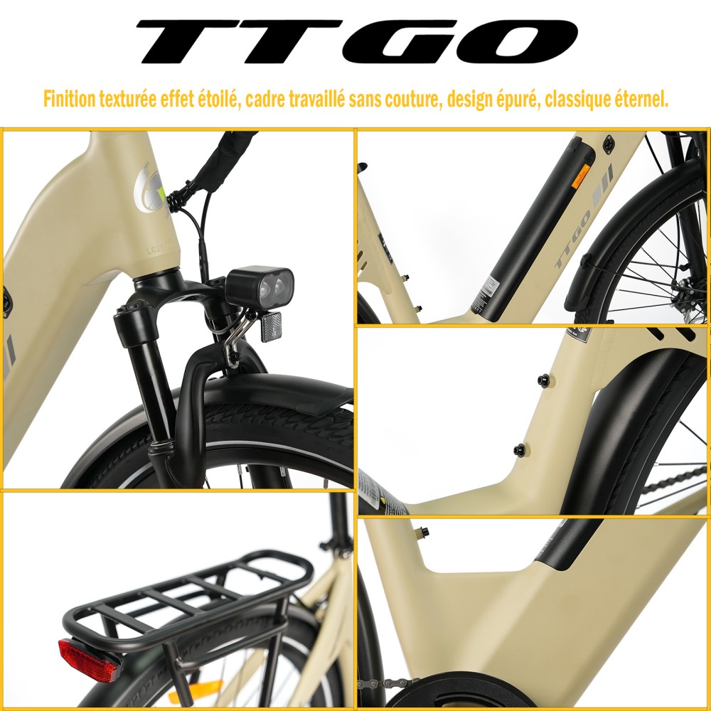 TTGO C3 SE Vélo électrique, moteur 250W, batterie 36V 18Ah, pneus de 28 pouces, vitesse maximale de 25 km/h, autonomie maximale de 120 km, freins à disque mécaniques, fourche à suspension avant, Shimano 7 vitesses - Jaune