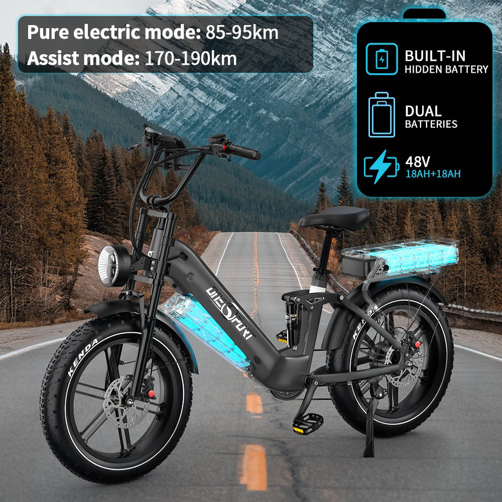 Onesport OT08 Pro Vélo électrique, moteur 500 W, 2 batteries 48 V 18 Ah, pneus 20 x 4 pouces, vitesse maximale 25 km/h, autonomie maximale 190 km, freins à disque à huile avant et arrière, fourche à suspension, Shimano 7 vitesses - Gris