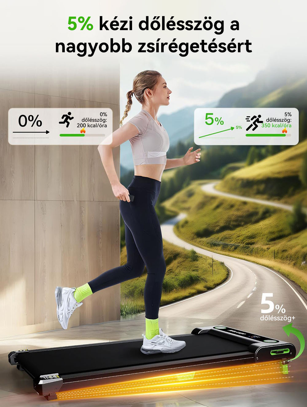 Akluer 480L-A s&eacute;tapad lejtős kialak&iacute;t&aacute;ssal, 2,5 LE-s asztal alatti fut&oacute;pad t&aacute;vir&aacute;ny&iacute;t&oacute;val, LED kijelzővel, 150 kg maxim&aacute;lis teherb&iacute;r&aacute;ssal