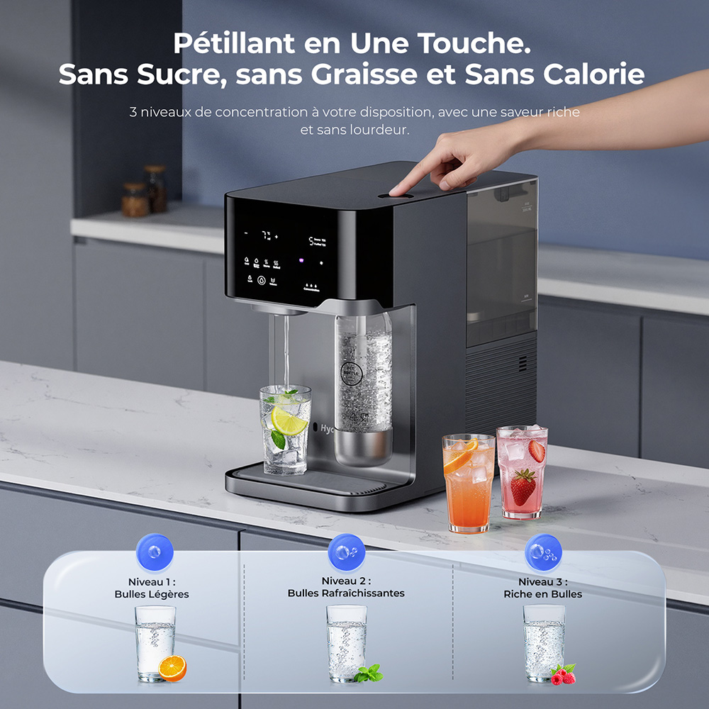 Hydrofast C300 Purificateur d&rsquo;Eau de Comptoir RO, Distributeur d&rsquo;Eau Glac&eacute;e et P&eacute;tillante, Filtration en 6 &Eacute;tapes avec St&eacute;rilisation UV, R&eacute;servoir d&rsquo;Eau Brute de 5 L & R&eacute;servoir d&rsquo;Eau Purifi&eacute;e de 1,5 L, Temp&eacute;rature et Volume R&eacute;glables, Affichage Inte