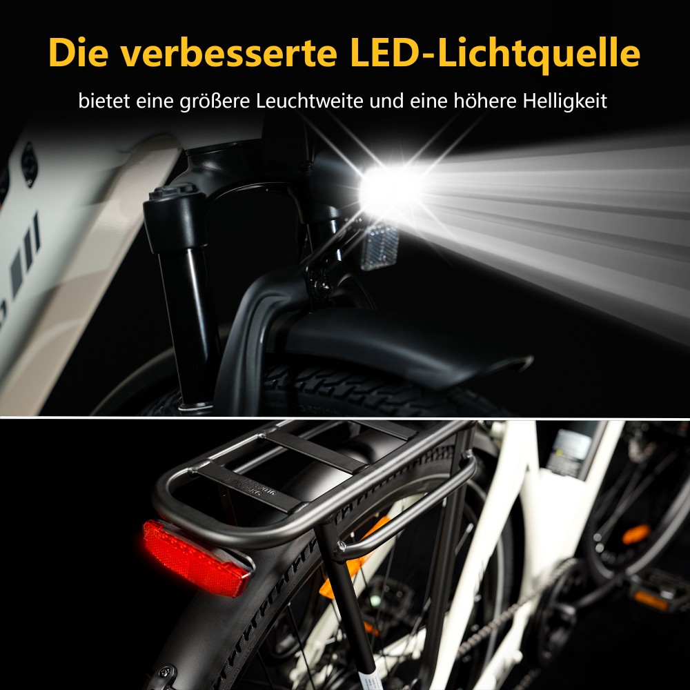 TTGO C3 SE Elektrofahrrad, 250W Motor, 36V 18Ah Batterie, 28 Zoll Reifen, 25 km/h Höchstgeschwindigkeit, 120 km maximale Reichweite, mechanische Bremsen, Vorderradfederung, Shimano 7-Gang - Weiß