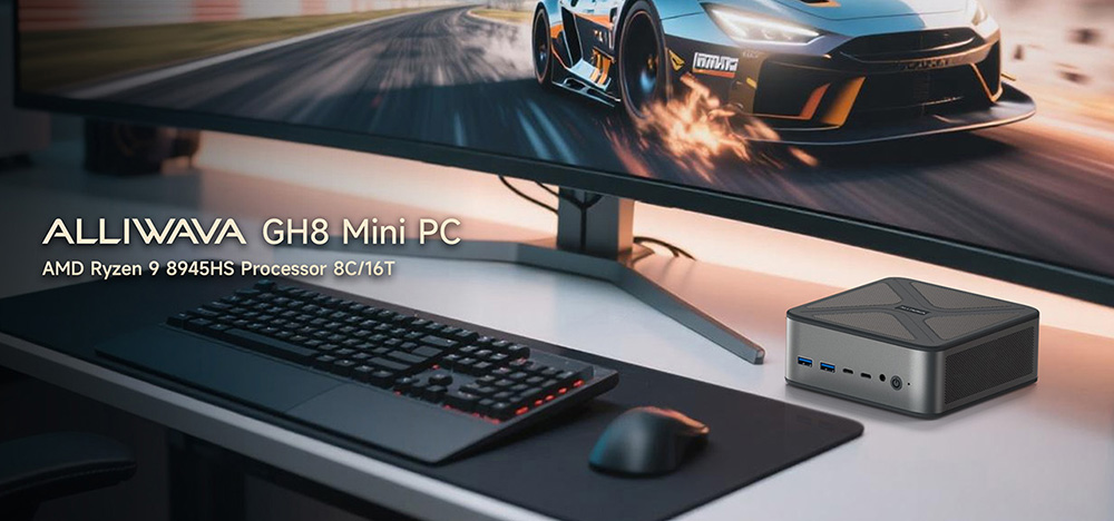 ALLIWAVA GH8 Mini PC de jeu, AMD Ryzen 9 8945HS 8 cœurs max 5,2 GHz, 32 Go de RAM, SSD 1 To, quadruple sortie vidéo (HDMI + DP + USB 4.0 + USB-C), Wi-Fi 6E, Bluetooth 5.2, 2 ports USB 3.0, 2 ports USB 2.0, 2 ports RJ45 2,5 GHz, 1 prise audio.