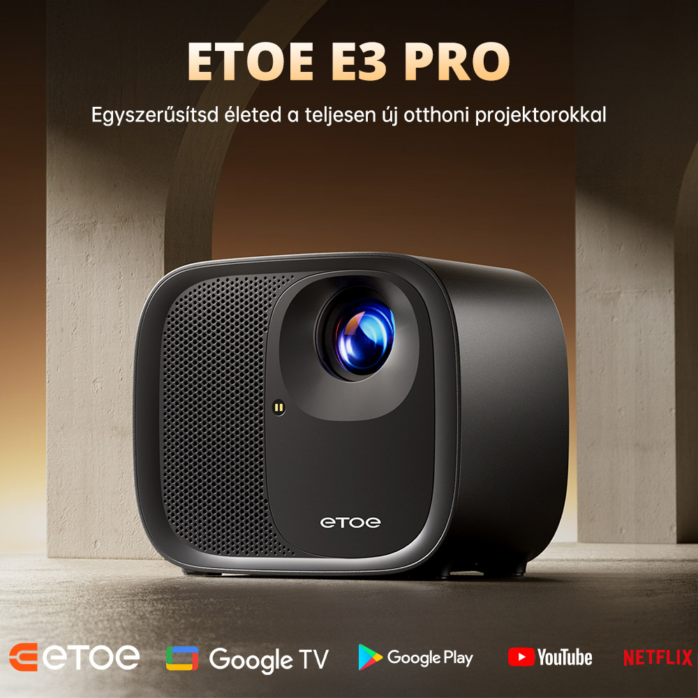 [Netflix & Google TV Certifik&aacute;lt] ETOE E3 Pro Projektor, Dolby Digital Plus, Eredeti 1080P, 600 ANSI, 2GB+16GB, 5G WiFi, 4K Dek&oacute;dol&aacute;s, 20W Surround Hang, Z&ouml;kkenőmentes Automatikus F&oacute;kusz, Google Assistant, 10 000+ Alkalmaz&aacute;s