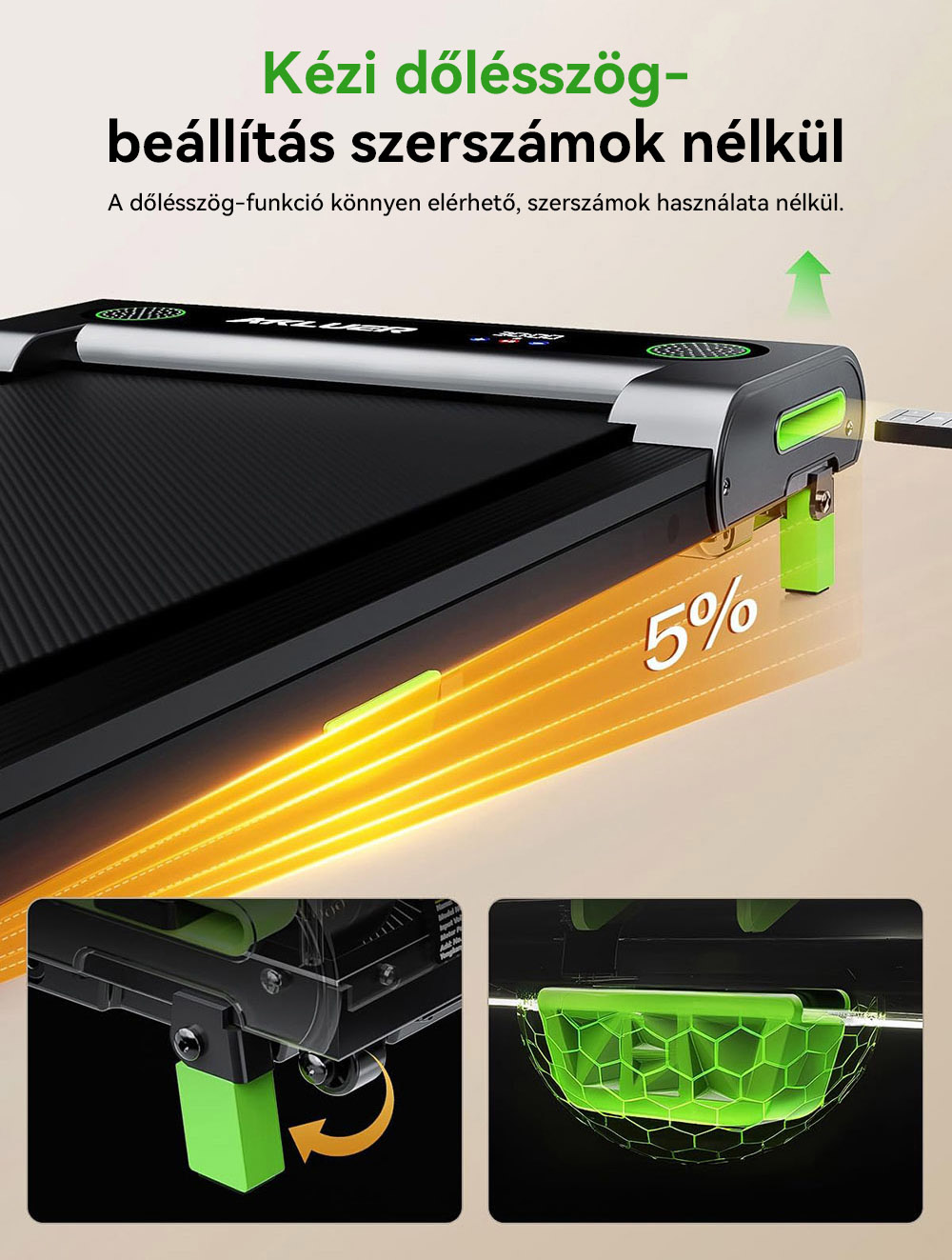 Akluer 480L-A s&eacute;tapad lejtős kialak&iacute;t&aacute;ssal, 2,5 LE-s asztal alatti fut&oacute;pad t&aacute;vir&aacute;ny&iacute;t&oacute;val, LED kijelzővel, 150 kg maxim&aacute;lis teherb&iacute;r&aacute;ssal