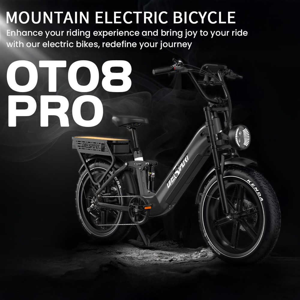 ONESPORT OT08 Pro elektromos kerékpár, 500 W-os motor, 2 x 48 V-os 18 Ah-s akkumulátor, 20 x 4,0 hüvelykes gumiabroncsok, 25 km/h maximális sebesség, 190 km-es hatótávolság, elöl és hátul olajos tárcsafékek, teleszkópvilla, Shimano 7 sebességes - szürke