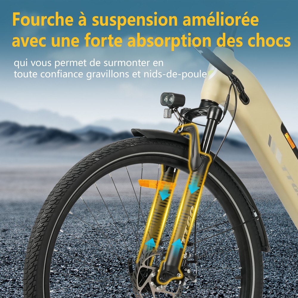 TTGO C3 SE Vélo électrique, moteur 250W, batterie 36V 18Ah, pneus de 28 pouces, vitesse maximale de 25 km/h, autonomie maximale de 120 km, freins à disque mécaniques, fourche à suspension avant, Shimano 7 vitesses - Jaune