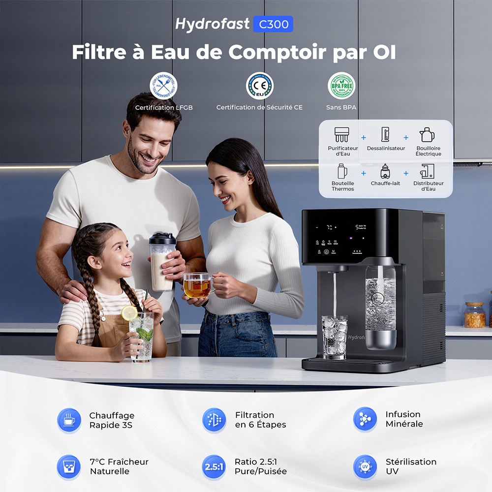 Hydrofast C300 Purificateur d&rsquo;Eau de Comptoir RO, Distributeur d&rsquo;Eau Glac&eacute;e et P&eacute;tillante, Filtration en 6 &Eacute;tapes avec St&eacute;rilisation UV, R&eacute;servoir d&rsquo;Eau Brute de 5 L & R&eacute;servoir d&rsquo;Eau Purifi&eacute;e de 1,5 L, Temp&eacute;rature et Volume R&eacute;glables, Affichage Inte