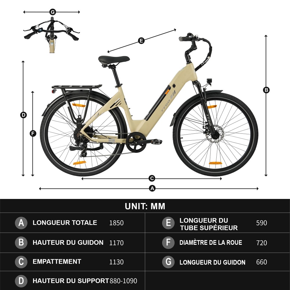 TTGO C3 SE Vélo électrique, moteur 250W, batterie 36V 18Ah, pneus de 28 pouces, vitesse maximale de 25 km/h, autonomie maximale de 120 km, freins à disque mécaniques, fourche à suspension avant, Shimano 7 vitesses - Jaune