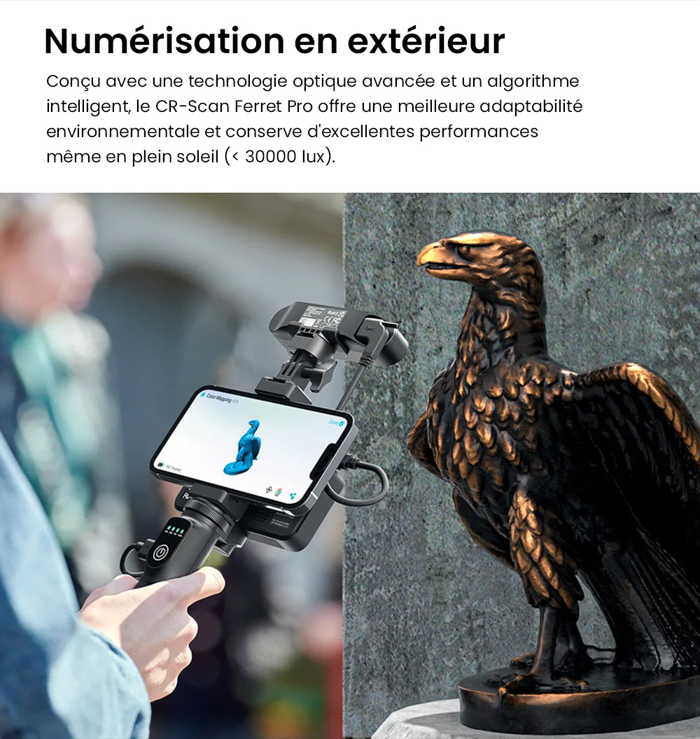 Scanner 3D Creality CR-Scan Ferret Pro, vitesse de num&eacute;risation jusqu'&agrave; 30 ips, pr&eacute;cision de 0,1 mm, distance de travail de 150 &agrave; 700 mm, plage de capture unique de 560 x 820 mm, num&eacute;risation minimale de 150 x 150 mm, connexion sans fil