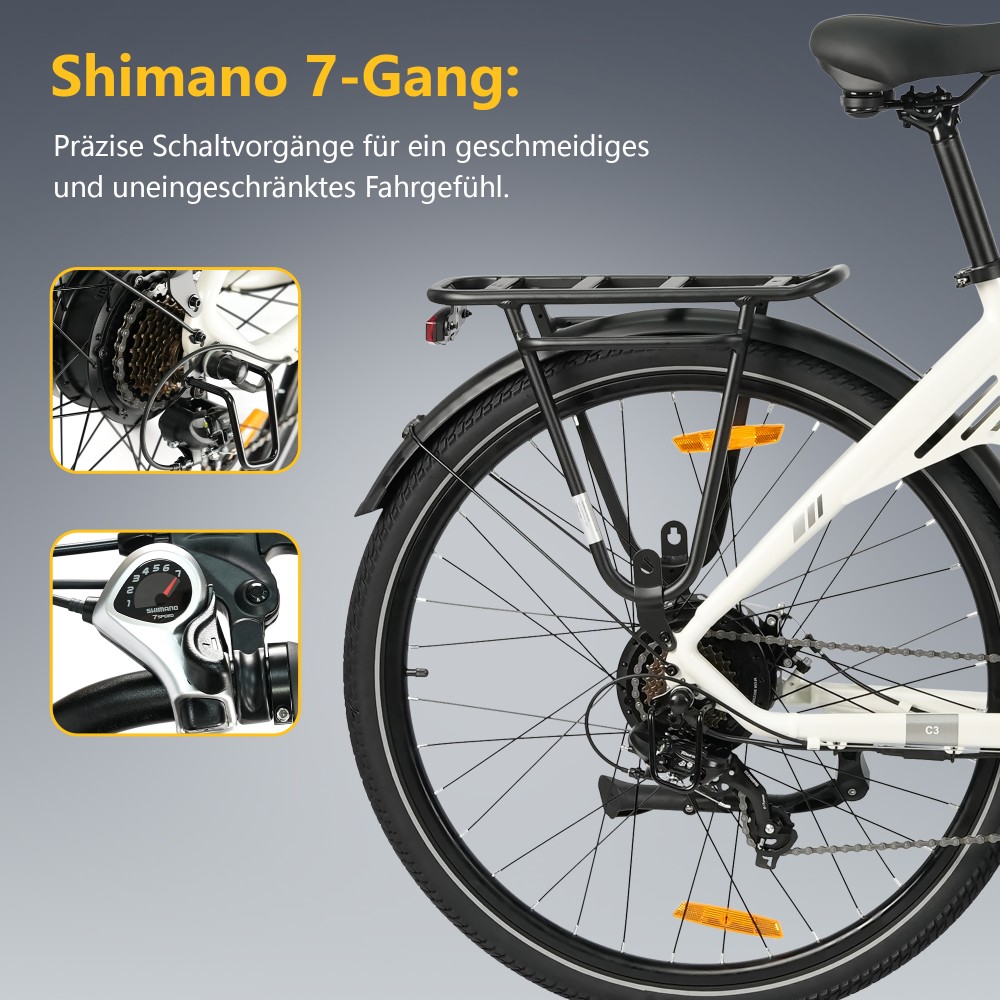 TTGO C3 SE Elektrofahrrad, 250W Motor, 36V 18Ah Batterie, 28 Zoll Reifen, 25 km/h Höchstgeschwindigkeit, 120 km maximale Reichweite, mechanische Bremsen, Vorderradfederung, Shimano 7-Gang - Weiß