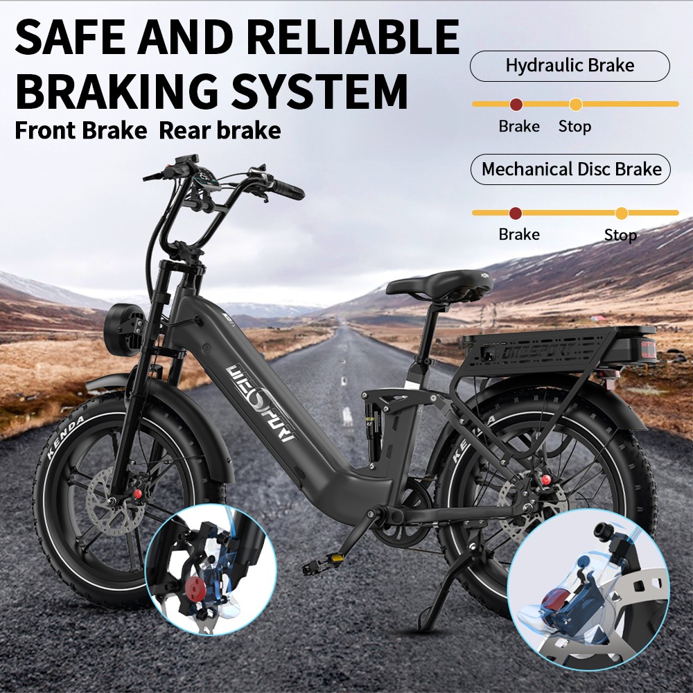 Onesport OT08 Pro Vélo électrique, moteur 500 W, 2 batteries 48 V 18 Ah, pneus 20 x 4 pouces, vitesse maximale 25 km/h, autonomie maximale 190 km, freins à disque à huile avant et arrière, fourche à suspension, Shimano 7 vitesses - Gris