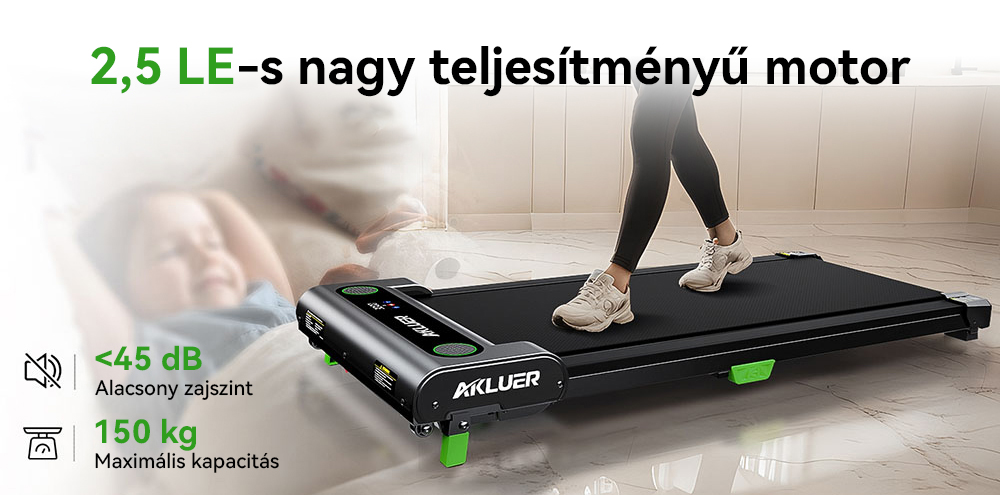 Akluer 480L-A s&eacute;tapad lejtős kialak&iacute;t&aacute;ssal, 2,5 LE-s asztal alatti fut&oacute;pad t&aacute;vir&aacute;ny&iacute;t&oacute;val, LED kijelzővel, 150 kg maxim&aacute;lis teherb&iacute;r&aacute;ssal