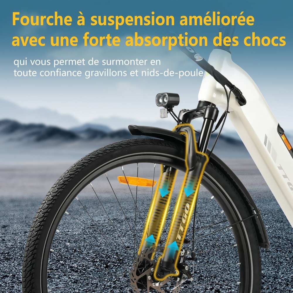 TTGO C3 SE Vélo électrique, moteur 250W, batterie 36V 18Ah, pneus de 28 pouces, vitesse maximale de 25 km/h, autonomie maximale de 120 km, freins à disque mécaniques, fourche à suspension avant, Shimano 7 vitesses - Blanc