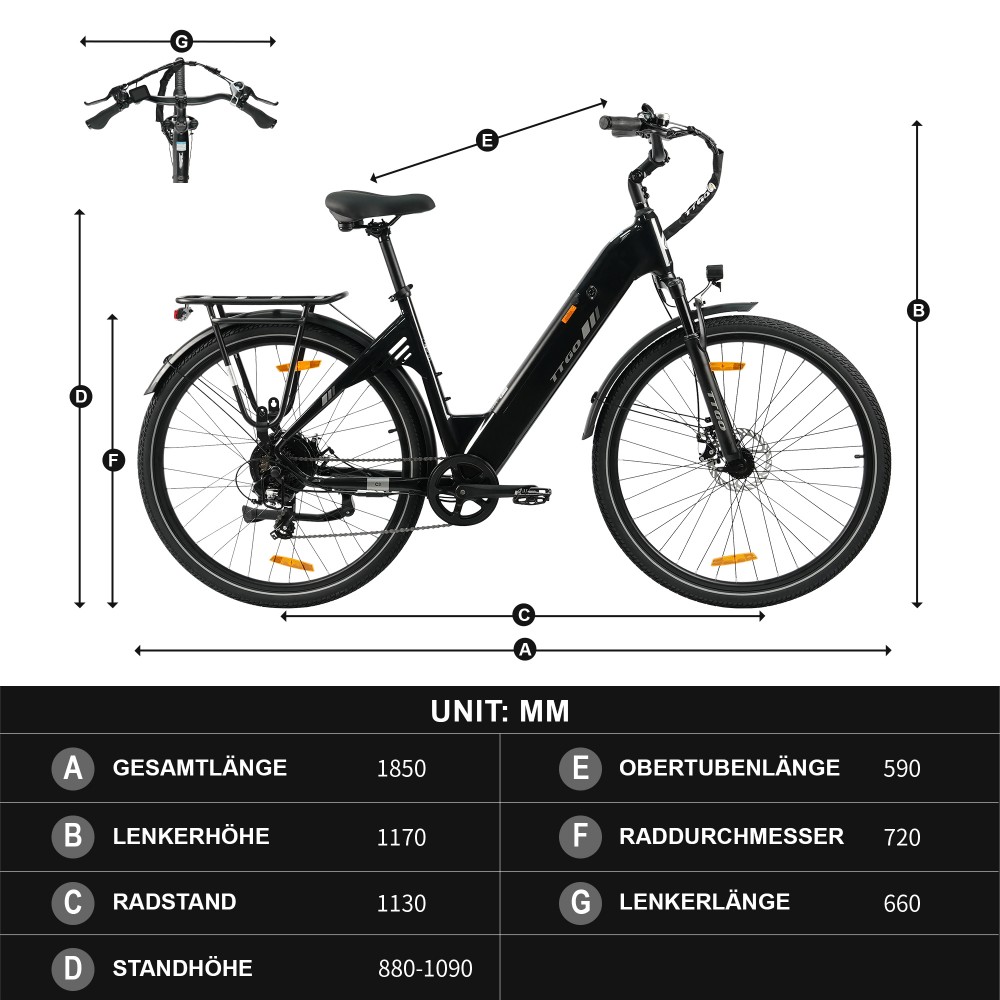 TTGO C3 SE Elektrofahrrad, 250W Motor, 36V 18Ah Batterie, 28 Zoll Reifen, 25 km/h Höchstgeschwindigkeit, 120 km maximale Reichweite, mechanische Bremsen, Vorderradfederung, Shimano 7-Gang - Schwarz