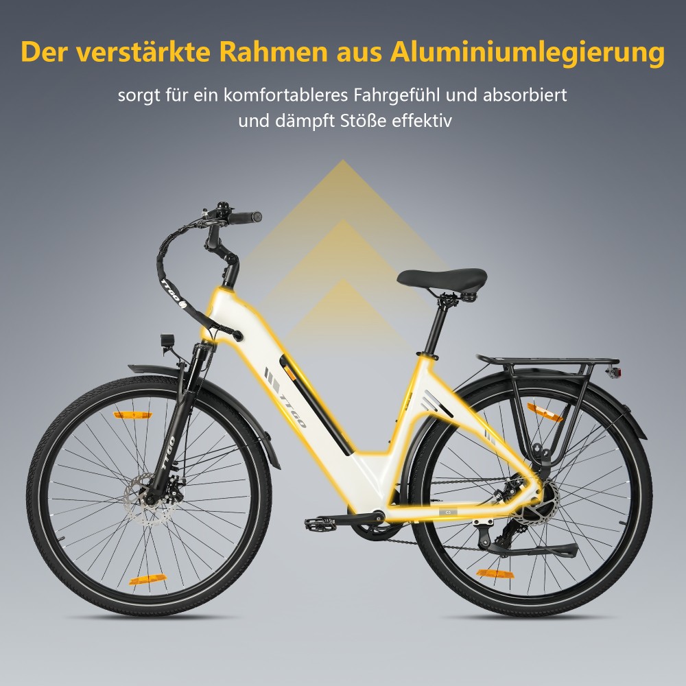 TTGO C3 SE Elektrofahrrad, 250W Motor, 36V 18Ah Batterie, 28 Zoll Reifen, 25 km/h Höchstgeschwindigkeit, 120 km maximale Reichweite, mechanische Bremsen, Vorderradfederung, Shimano 7-Gang - Weiß