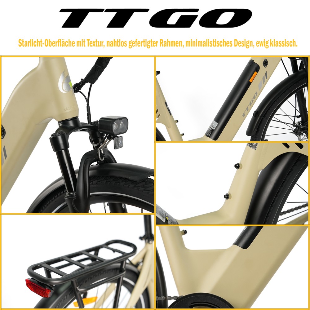 TTGO C3 SE Elektrofahrrad, 250W Motor, 36V 18Ah Batterie, 28 Zoll Reifen, 25 km/h Höchstgeschwindigkeit, 120 km maximale Reichweite, mechanische Bremsen, Vorderradfederung, Shimano 7-Gang - Gelb