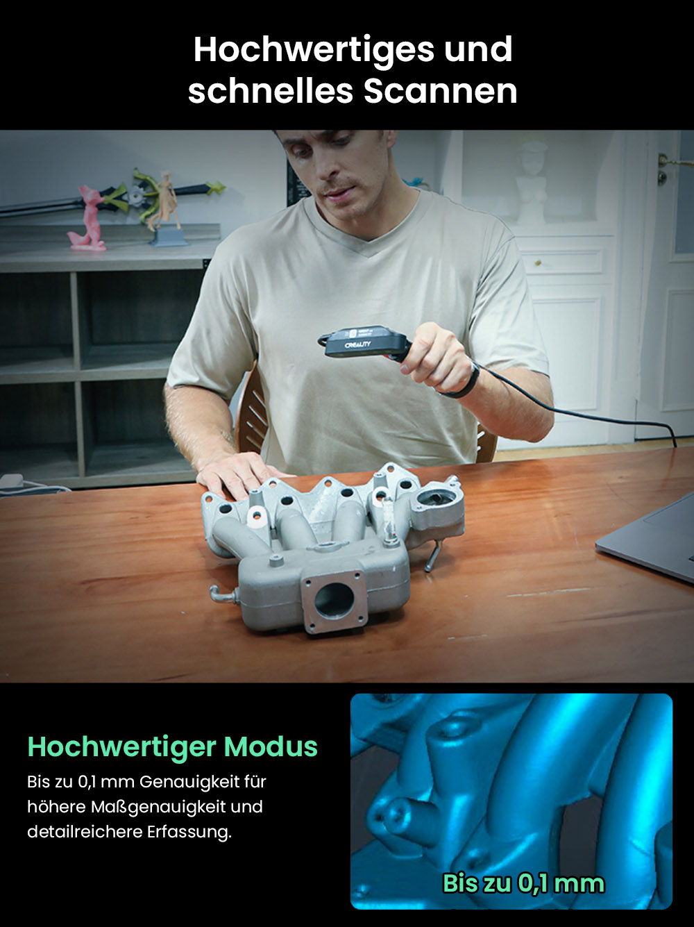 Creality CR-Scan Ferret Pro 3D-Scanner, bis zu 30 fps Scan-Geschwindigkeit, 0,1 mm Genauigkeit, 150&ndash;700 mm Arbeitsabstand, 560 x 820 mm Einzelaufnahmebereich, 150 x 150 mm Mindestscan, kabellose Verbindung