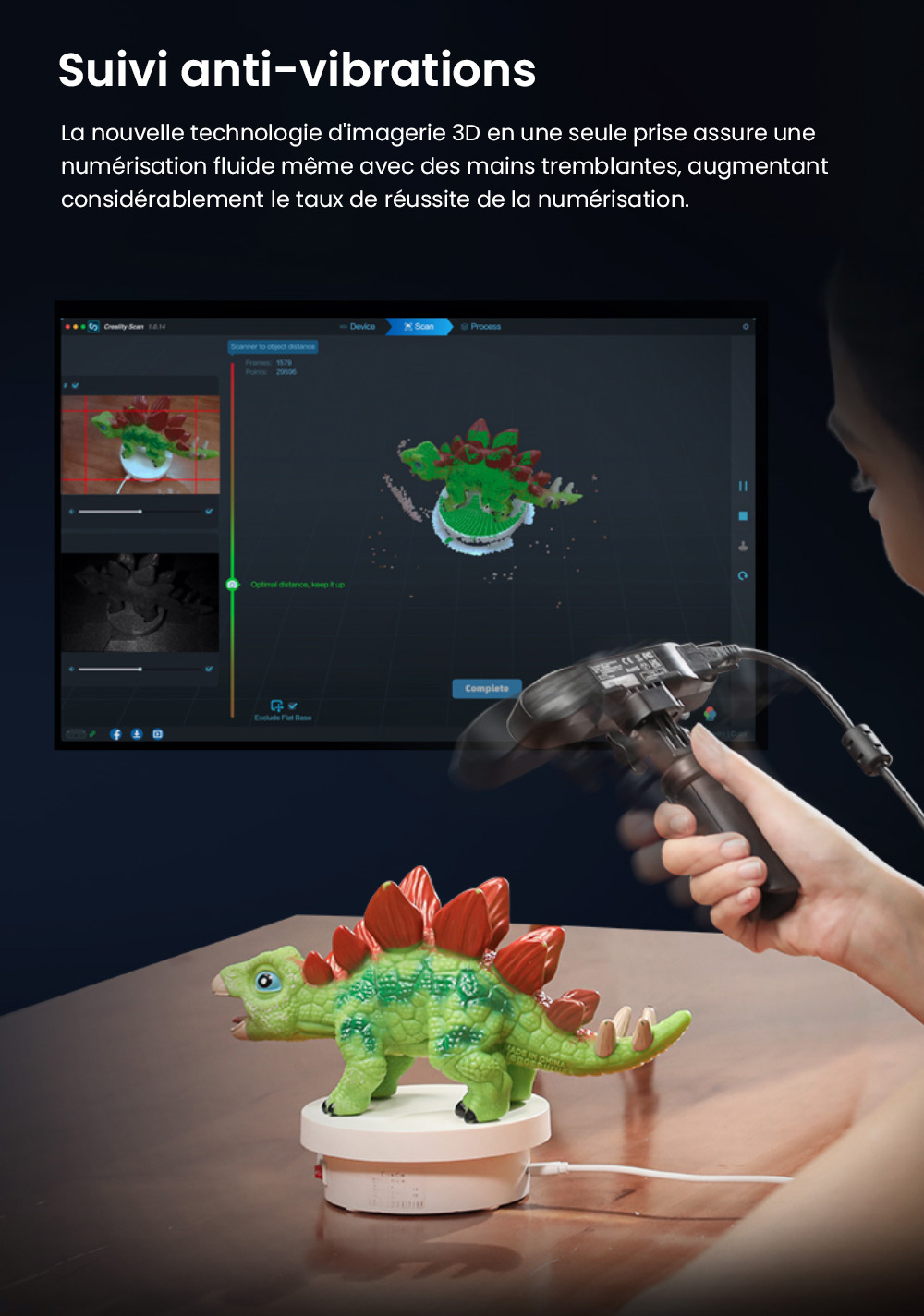 Scanner 3D Creality CR-Scan Ferret Pro, vitesse de num&eacute;risation jusqu'&agrave; 30 ips, pr&eacute;cision de 0,1 mm, distance de travail de 150 &agrave; 700 mm, plage de capture unique de 560 x 820 mm, num&eacute;risation minimale de 150 x 150 mm, connexion sans fil