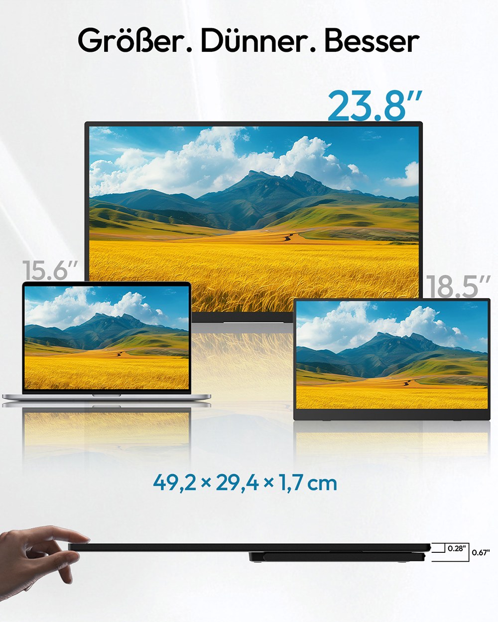 MESWAO S238 23,8 Zoll tragbarer Monitor, 1080P FHD IPS Bildschirm, 120Hz Bildwiederholrate, 100% sRGB, 178 &deg; Gro&szlig;er Betrachtungswinkel, eingebauter Dual-Lautsprecher, 180 &deg; verstellbare Halterung, 100x100mm VESA-Halterung, 2*Type-C, 1*HDMI, 1*Audio - EU-Stecker